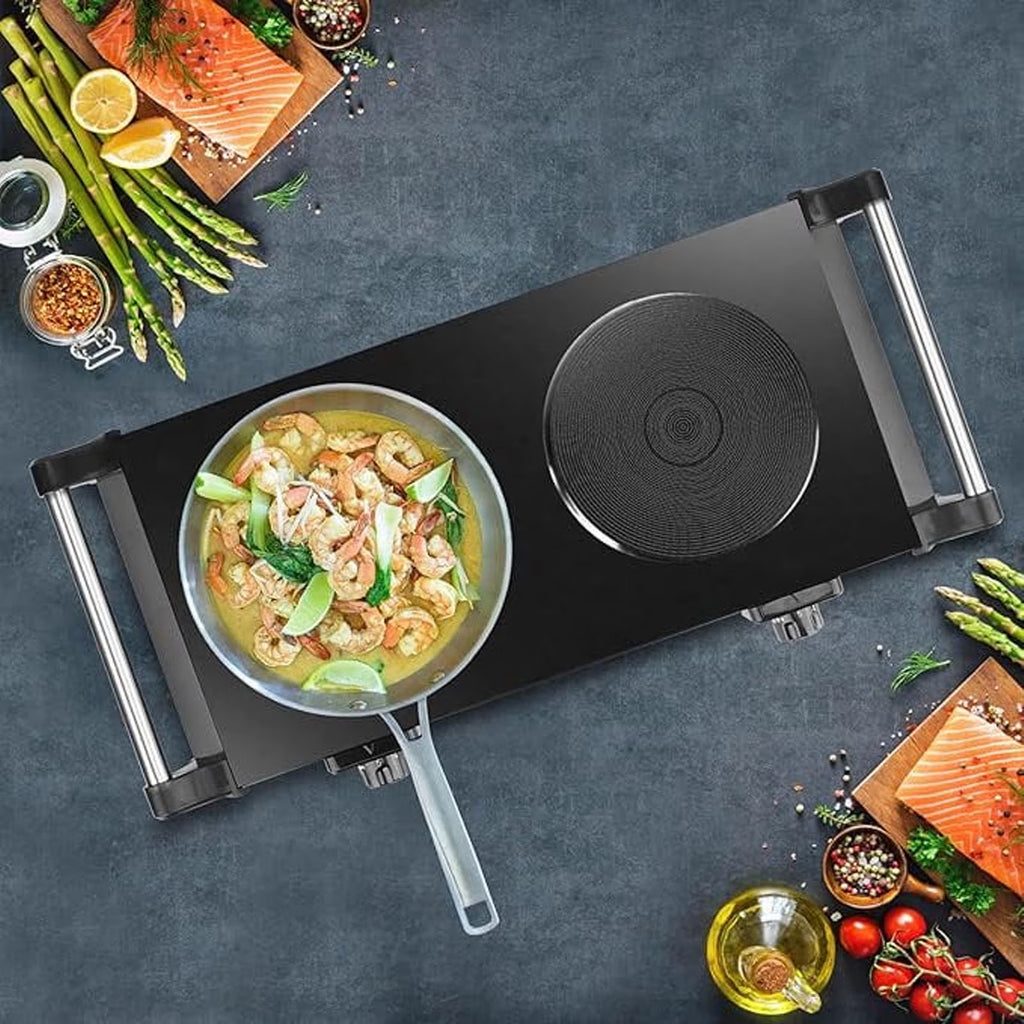 Haokaini Double Countertop Burner, 2000W Electric Hot Plate and Stove with 5 Temperature Controls, Portable Lightweight Burner Cooktop for Cooking, Dorms, Apartments, RV, Compatible Cookware, Black