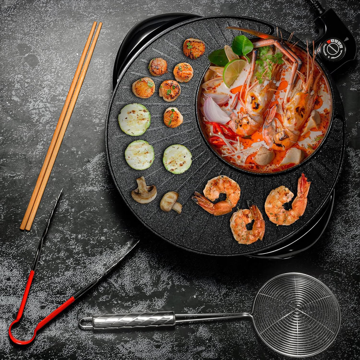 FAMKIT Electric Hot Pot and Grill Combo, 110V Hot Pot with Grill 2 in 1, Multifunctional Smokeless Korean Barbecue Grill, Capacity for 3-5 People, Suitable for Korean BBQ, Shabu and Soup