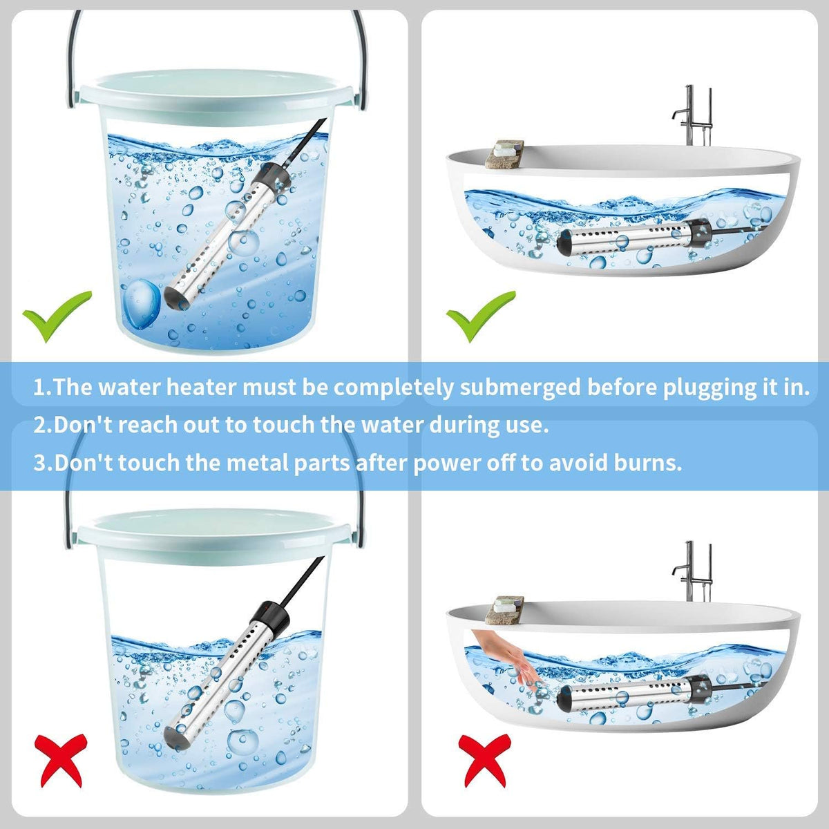 OhhGo Immersion Water Heater, 1500W Electric Bucket Heater Stainless-Steel Portable Submersible Water Heater for Inflatable Pool Bathtub, Basin