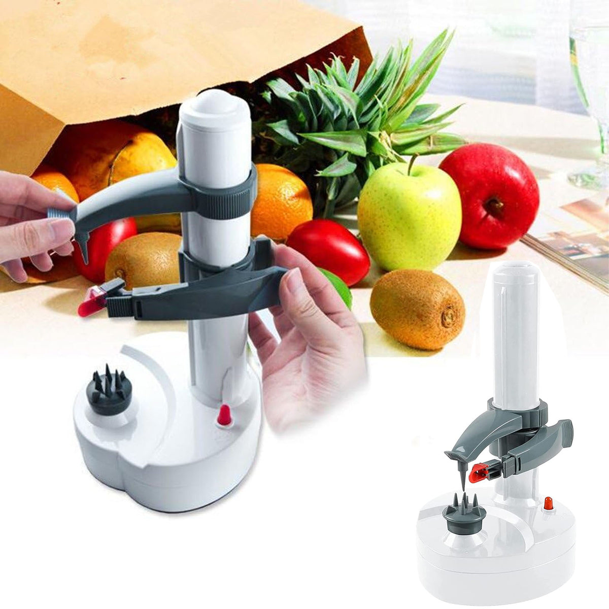 FAMKIT Electric Potato Peeler, Automatic Rotating Apple Peeler Potato Peeling Machine with 10 Replacement Blades, Multifunction Fruit & Vegetable Cutter, Electric Apple Pear Skin Peeling Machine, White