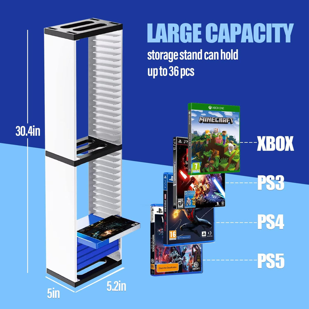 FAMKIT Video Game Storage Stand Tower for PS5/ PS4/ PS3/ Xbox Series, Universal Game Disc Holder Rack Vertical Stand Blu Ray Case Organizer, Game Storage Tower Hold 36pcs Video Game Discs