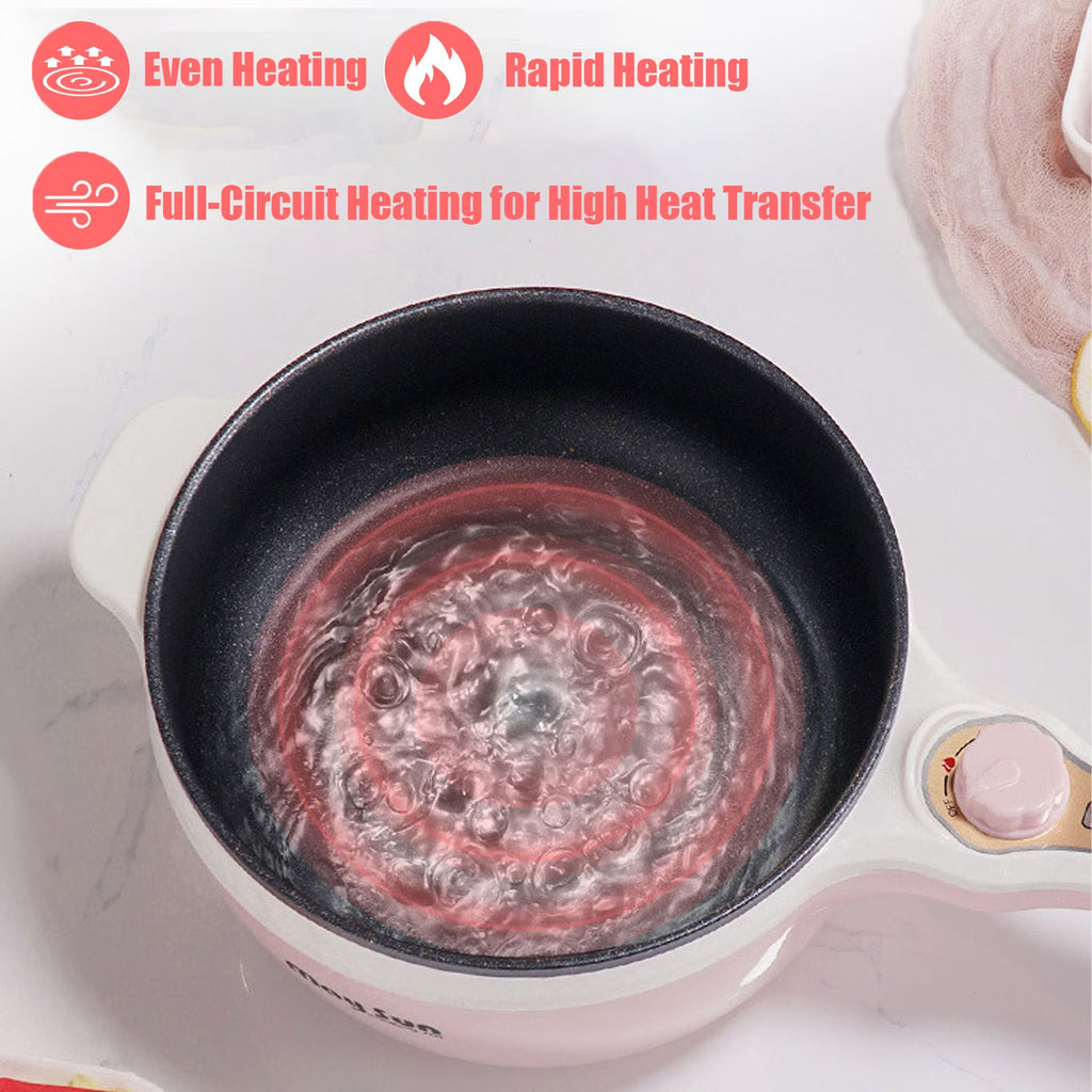 FAMKIT 1.8L Electric Cooking Pot, 2 Power Electric Hot Pot with Steamer, Portable Multifunctional Non-Stick Pan, Mini Hot Pot Noodles Travel Cooker for Dorm, Home, Apartments, Hotel, Pink