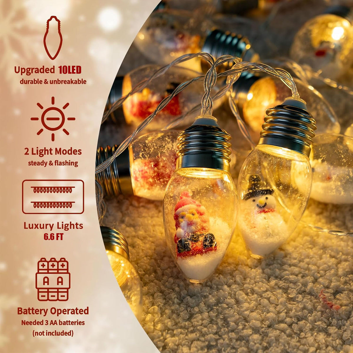 Diceevil Christmas Snow Globe String Lights Indoor Decorations, 10 LED Clear Bulbs Christmas Tree String Lights with Dolls, Christmas Lights for Home Patio Fireplace Bedroom Party Christmas Decor, 6.6ft