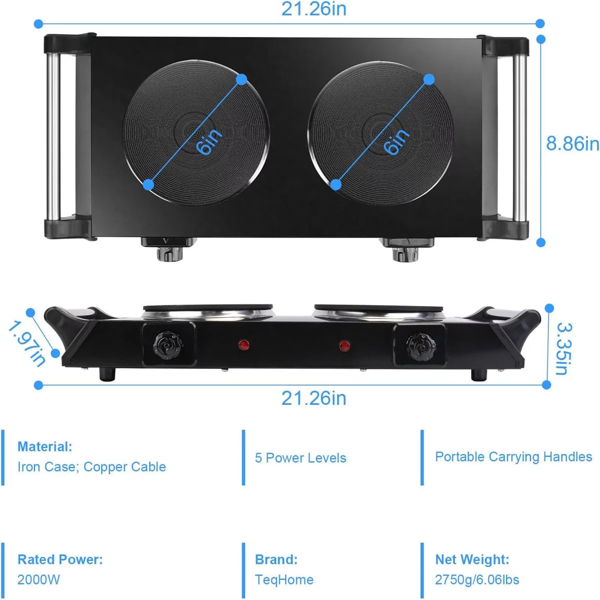 Diceevil 2000W Double Countertop Burner, Portable Electric Hot Plate and Stove with 5 Temperature Controls, Lightweight Burner Cooktop for Kitchen, Dorms, Apartments, RV, Black