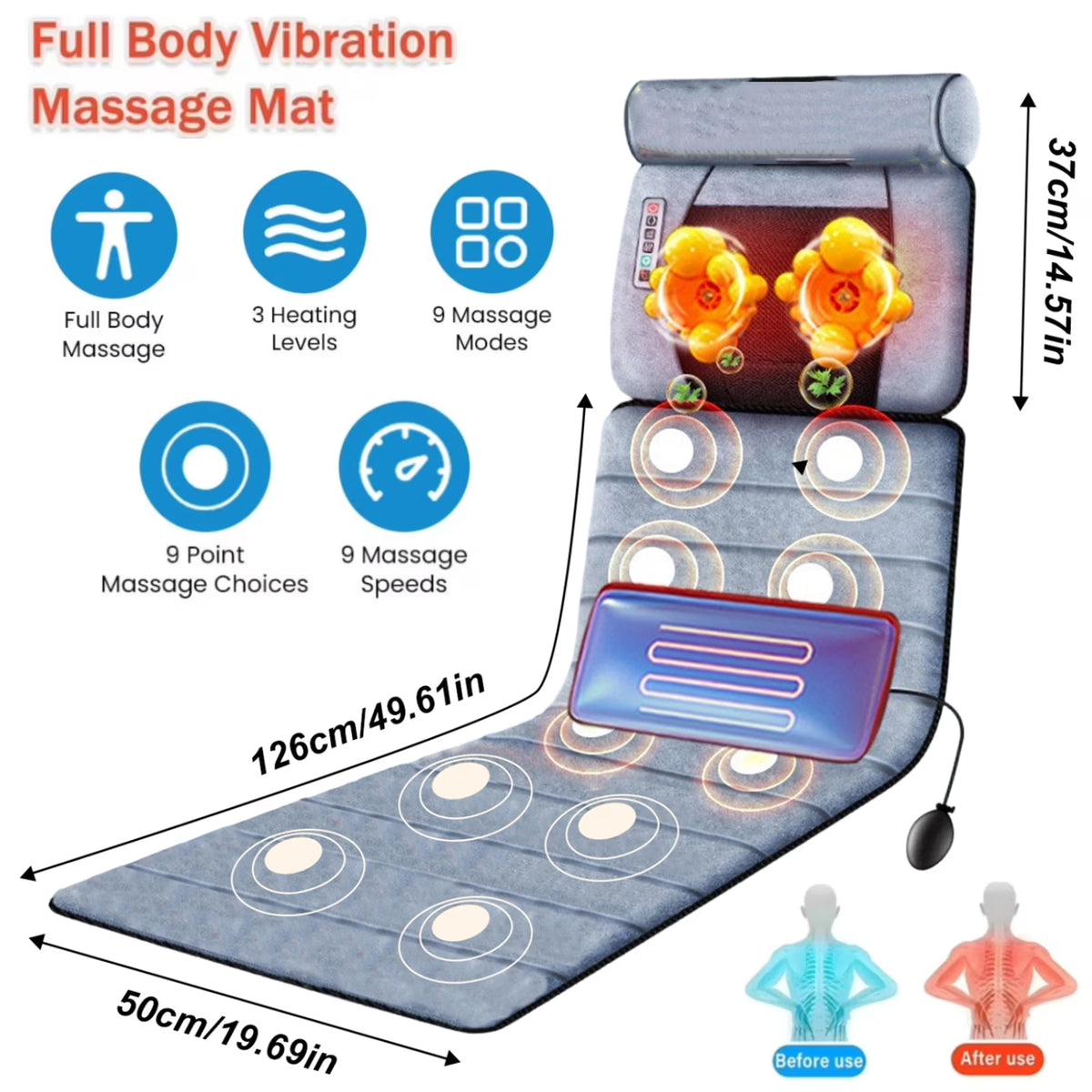 Massage Mat for Full Body,Back Massager,Back Massager with 10 Vibration Motors, Adjustable Heating Level and Intensity,Massage Chair Pad for Neck, Back, Waist, Legs