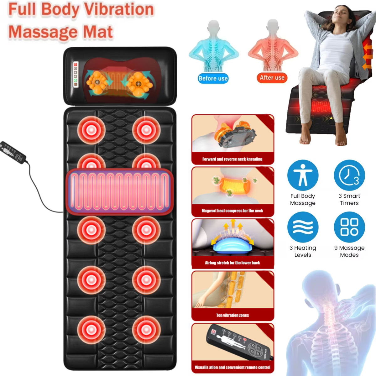 Massage Mat with Heat,Multifunctional Muscle Relaxation Massage Cushion,Full Body Vibration Heating, Massage Pad for Back Lumbarn Leg Pain Relief