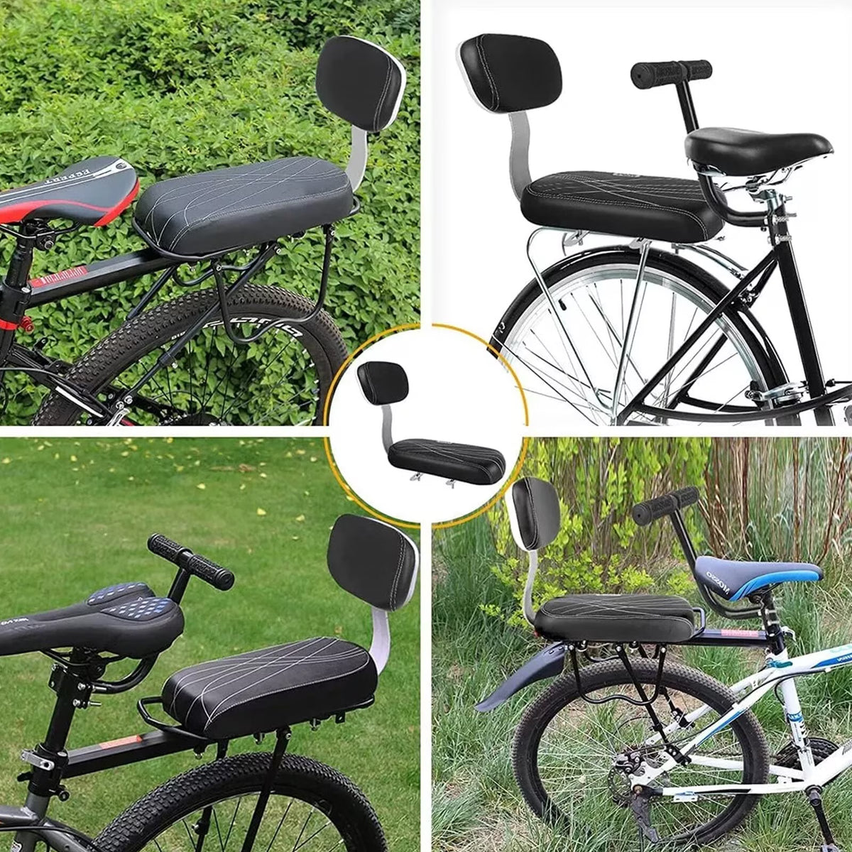 Hinzonek Bike Rear Seat Kit, Cushioned Back Seat + Backrest + Non-slip Handrails + Foldable Hidden Footrests + Handlebar Bell, Rear Bicycle Seat for Adults,Black