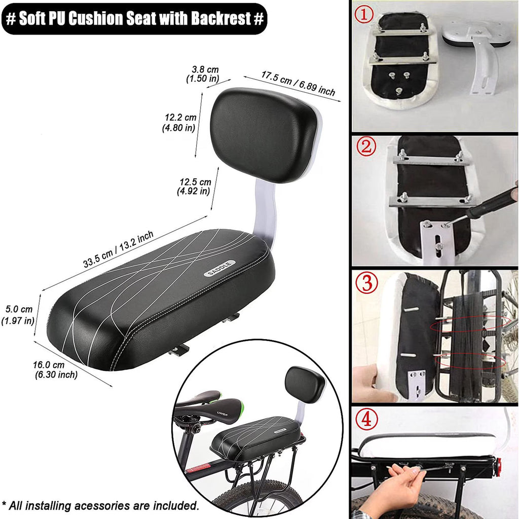 Hinzonek Bike Rear Seat Kit, Cushioned Back Seat + Backrest + Non-slip Handrails + Foldable Hidden Footrests + Handlebar Bell, Rear Bicycle Seat for Adults,Black