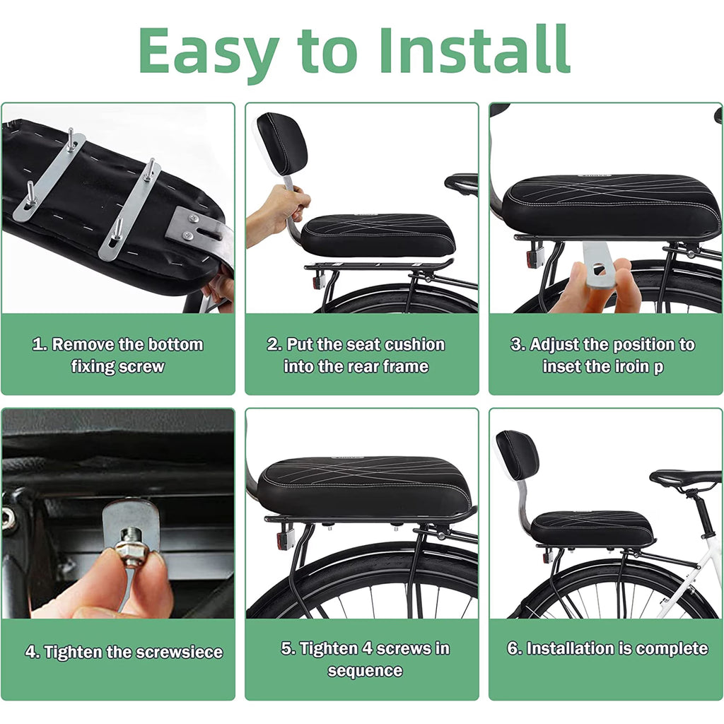 Hinzonek Bike Rear Seat Kit, Cushioned Back Seat + Backrest + Non-slip Handrails + Foldable Hidden Footrests + Handlebar Bell, Rear Bicycle Seat for Adults,Black