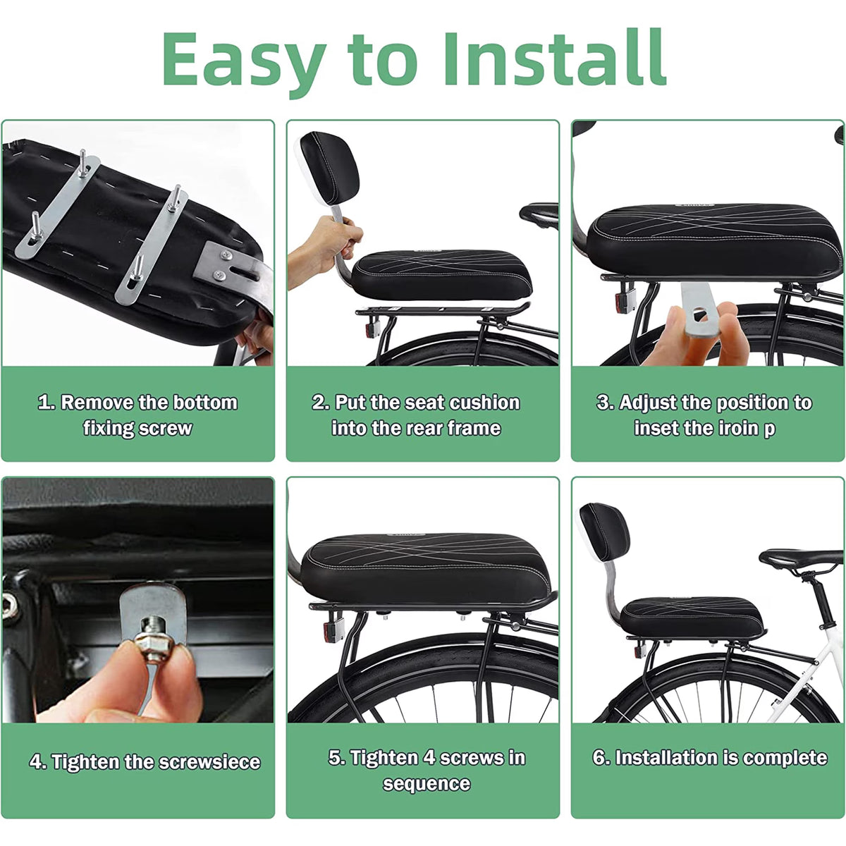 Hinzonek Bike Rear Seat Kit, Cushioned Back Seat + Backrest + Non-slip Handrails + Foldable Hidden Footrests + Handlebar Bell, Rear Bicycle Seat for Adults,Black