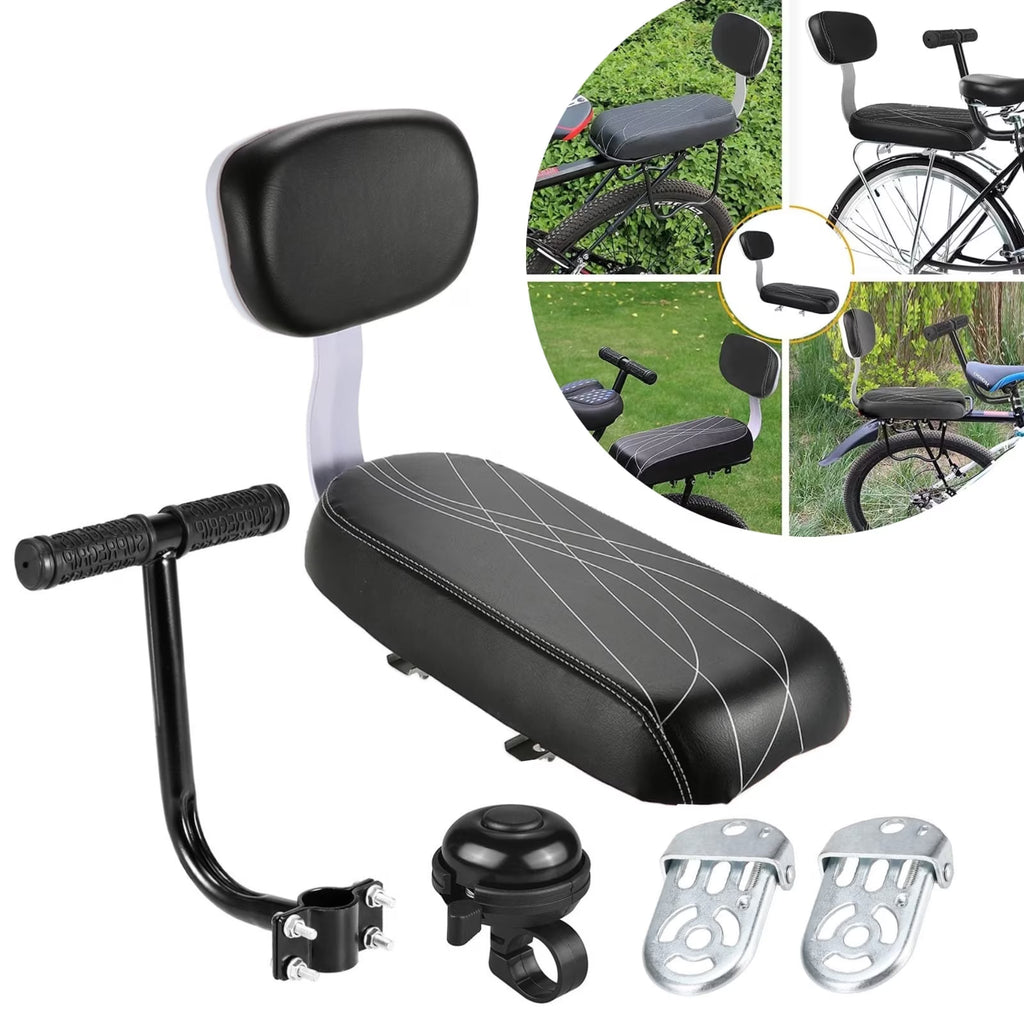 Hinzonek Bike Rear Seat Kit, Cushioned Back Seat + Backrest + Non-slip Handrails + Foldable Hidden Footrests + Handlebar Bell, Rear Bicycle Seat for Adults,Black