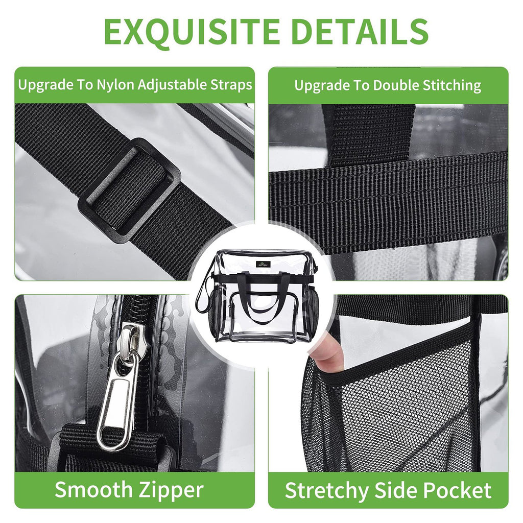 Wallfire 12" Clear PVC Messenger Bag Heavy Duty See Through Tote NFL AAF Stadium Approved Handbag Transparent Pouch Hand Bags Top Handle & Adjustable Shoulder Strap Black