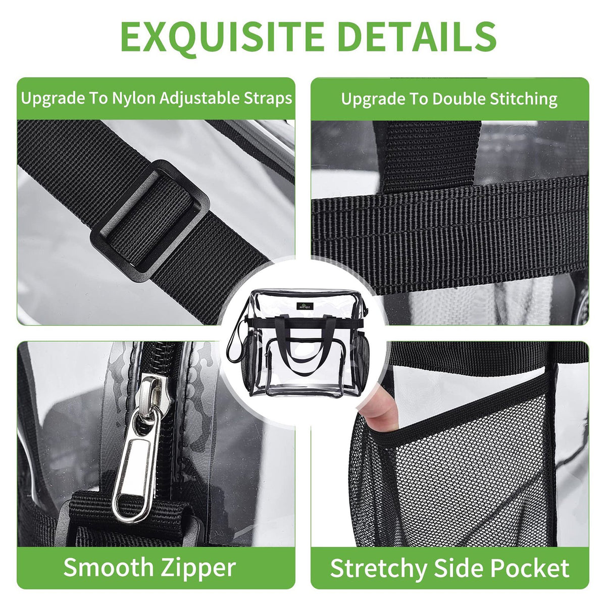 Wallfire 12" Clear PVC Messenger Bag Heavy Duty See Through Tote NFL AAF Stadium Approved Handbag Transparent Pouch Hand Bags Top Handle & Adjustable Shoulder Strap Black