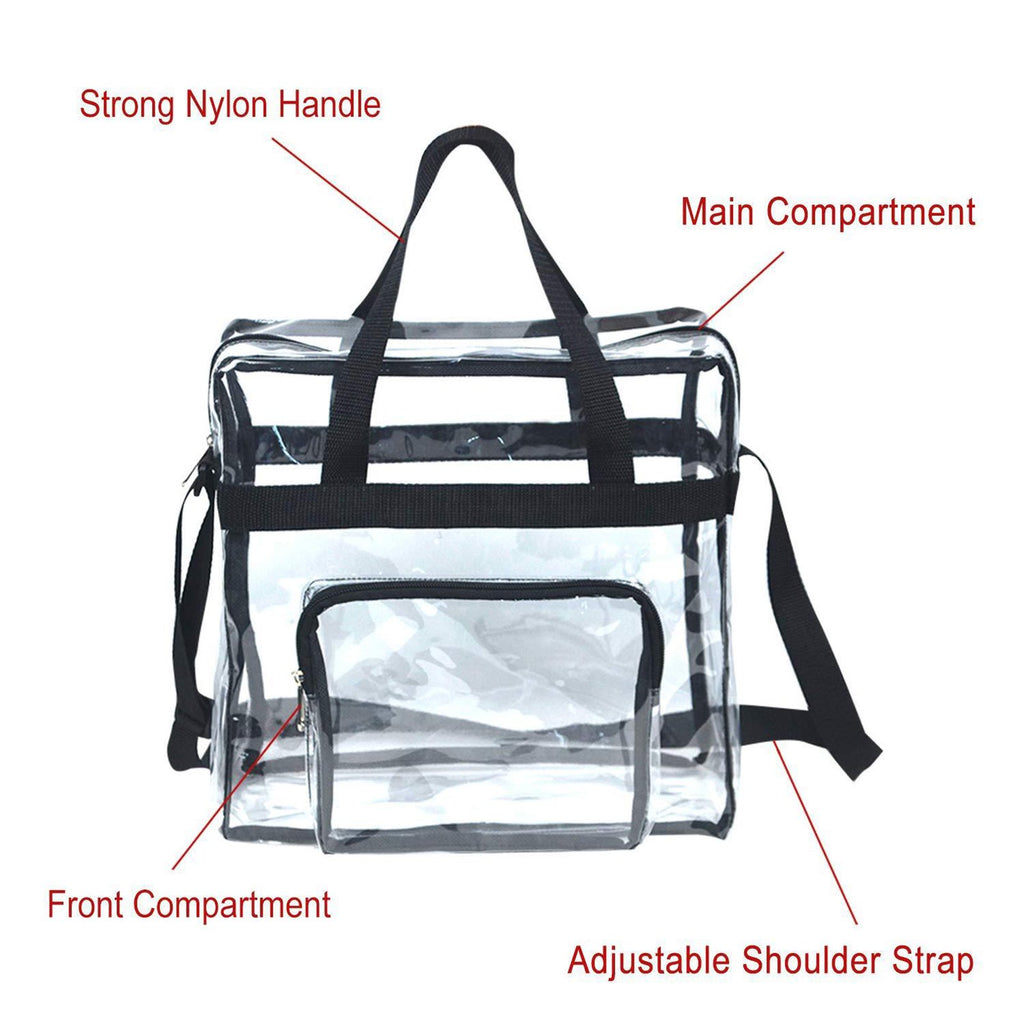 Wallfire 12" Clear PVC Messenger Bag Heavy Duty See Through Tote NFL AAF Stadium Approved Handbag Transparent Pouch Hand Bags Top Handle & Adjustable Shoulder Strap Black