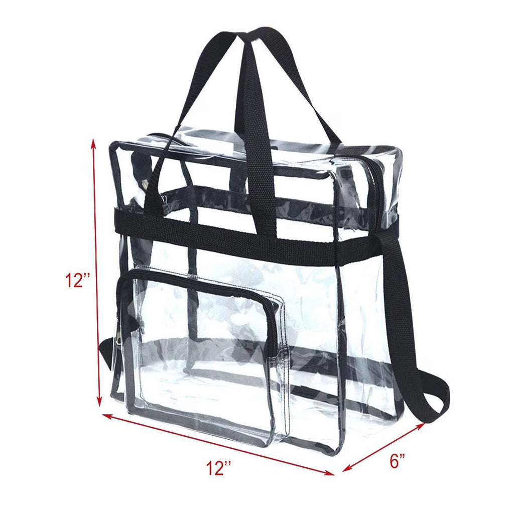 Wallfire 12" Clear PVC Messenger Bag Heavy Duty See Through Tote NFL AAF Stadium Approved Handbag Transparent Pouch Hand Bags Top Handle & Adjustable Shoulder Strap Black