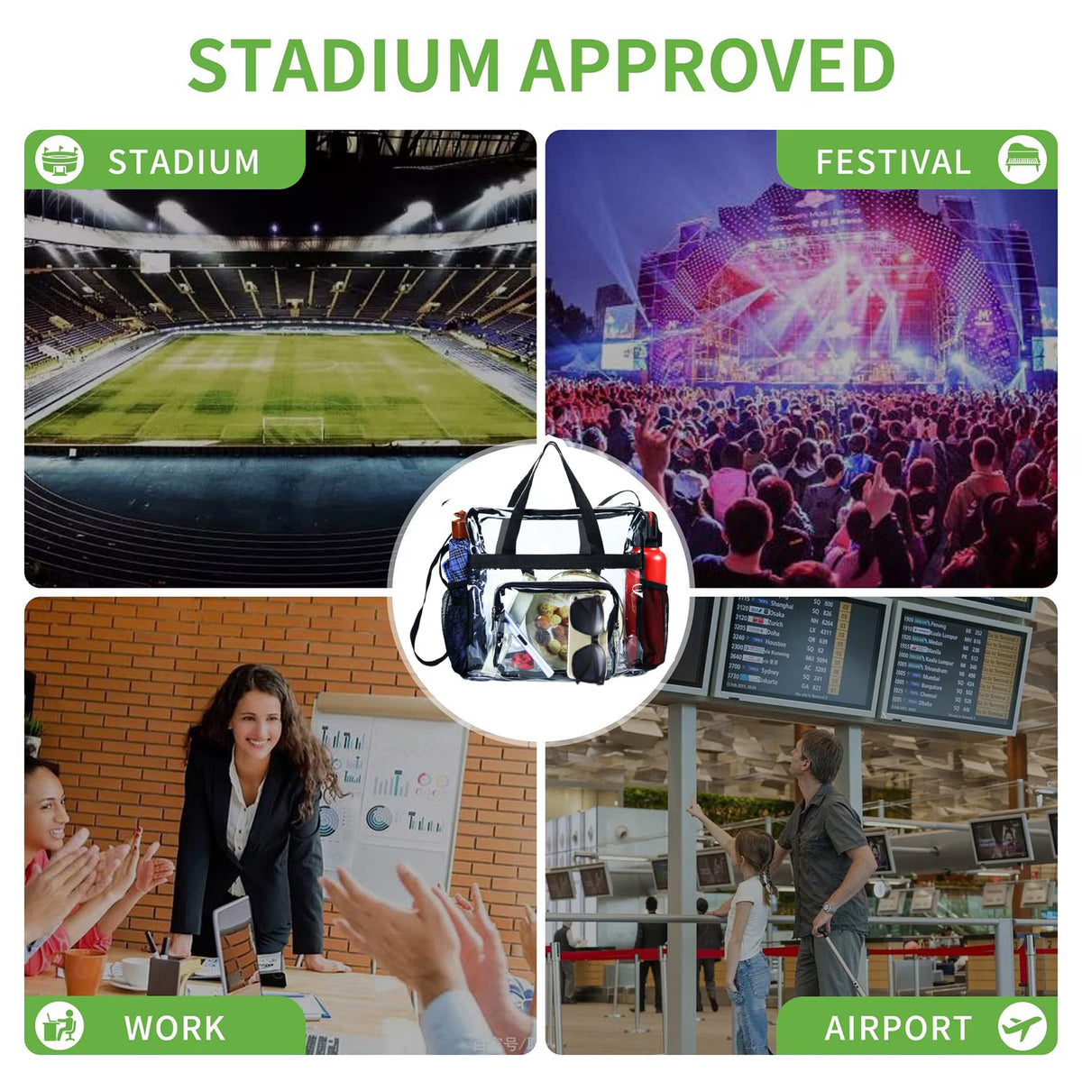 Wallfire 12" Clear PVC Messenger Bag Heavy Duty See Through Tote NFL AAF Stadium Approved Handbag Transparent Pouch Hand Bags Top Handle & Adjustable Shoulder Strap Black