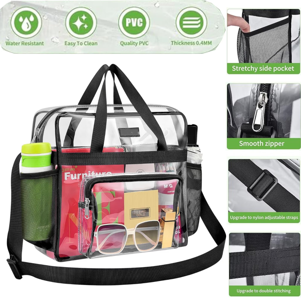 Wallfire 12" Clear PVC Messenger Bag Heavy Duty See Through Tote NFL AAF Stadium Approved Handbag Transparent Pouch Hand Bags Top Handle & Adjustable Shoulder Strap Black