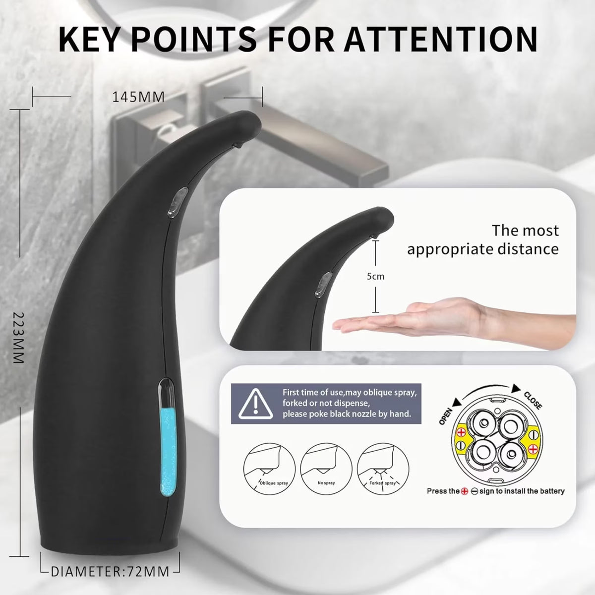 FAMKIT Automatic Soap Dispenser, 10 oz/300ml Touch-Free Sensor Liquid Pump Dispenser,Countertop Touchless Electric Battery Operated Hand Soap Dispenser for Bathroom,Kitchen Sink,Black