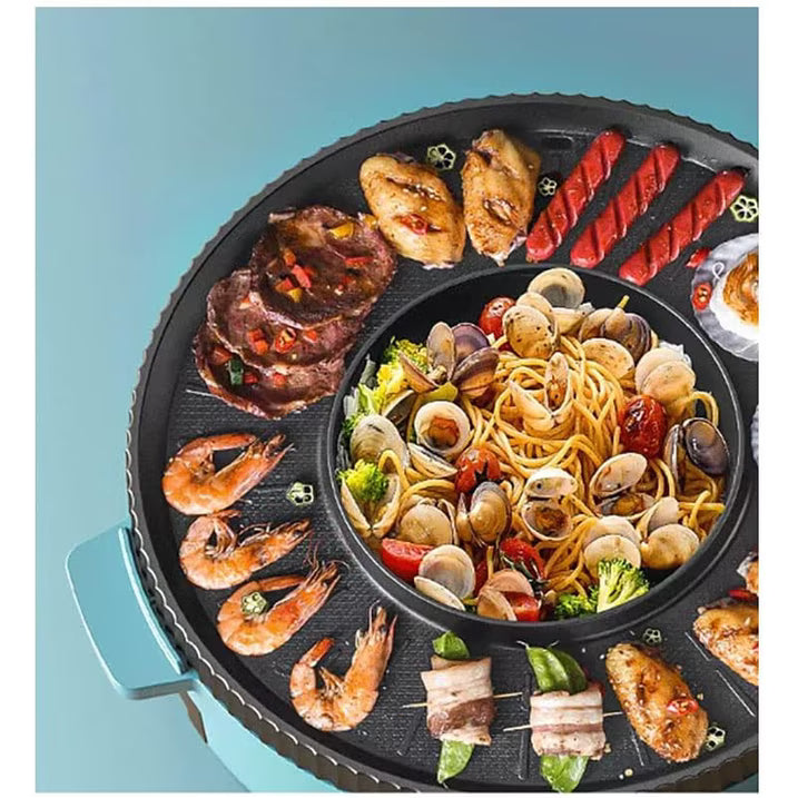 FAMKIT Electric Hot Pot and Grill Combo, 2-in-1 Hot Pot with Grill,Multifunctional Smokeless Korean Barbecue Grill, Capacity for 2-8 People, Suitable for Korean BBQ, Shabu and Soup
