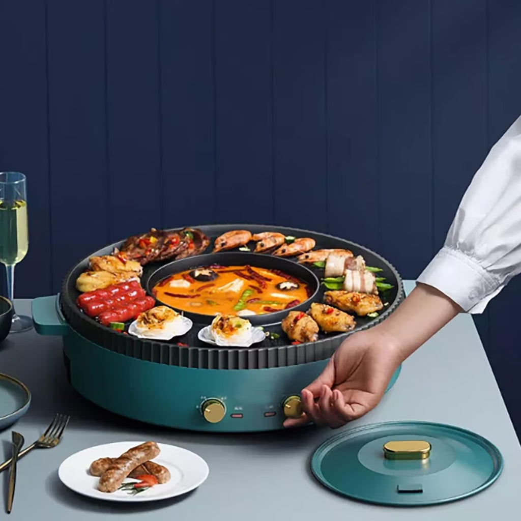 FAMKIT Electric Hot Pot and Grill Combo, 2-in-1 Hot Pot with Grill,Multifunctional Smokeless Korean Barbecue Grill, Capacity for 2-8 People, Suitable for Korean BBQ, Shabu and Soup