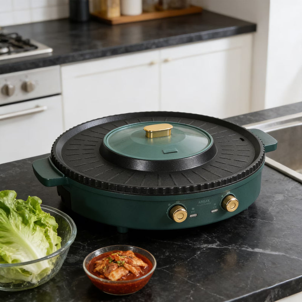 FAMKIT Electric Hot Pot and Grill Combo, 2-in-1 Hot Pot with Grill,Multifunctional Smokeless Korean Barbecue Grill, Capacity for 2-8 People, Suitable for Korean BBQ, Shabu and Soup