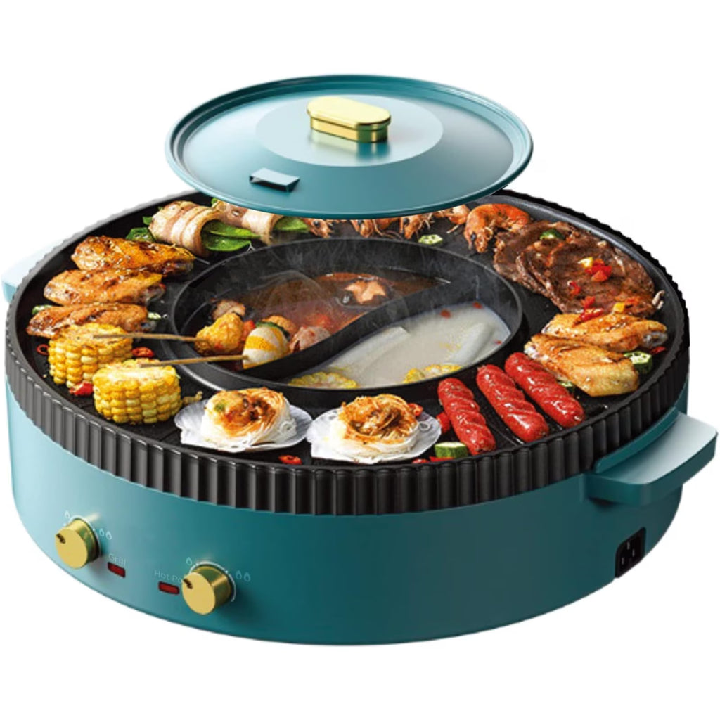 FAMKIT Electric Hot Pot and Grill Combo, 2-in-1 Hot Pot with Grill,Multifunctional Smokeless Korean Barbecue Grill, Capacity for 2-8 People, Suitable for Korean BBQ, Shabu and Soup